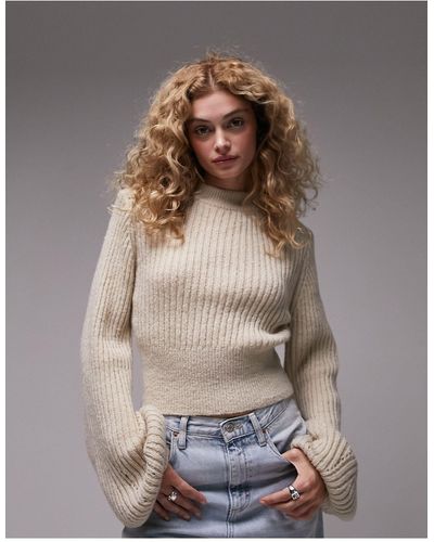 TOPSHOP Knitted Crop Ovoid Sleeve Sweater - Brown
