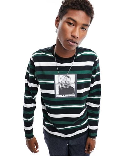 Collusion Stripe Long Sleeve T-shirt With Photographic Print - Blue