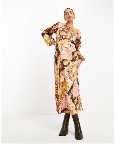 River Island Long Sleeve Floral Patchwork Dress With Cut Out Detail - White