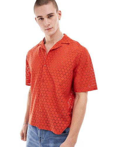 ASOS Short Sleeve Boxy Relaxed Fit Revere Lace Shirt - Red