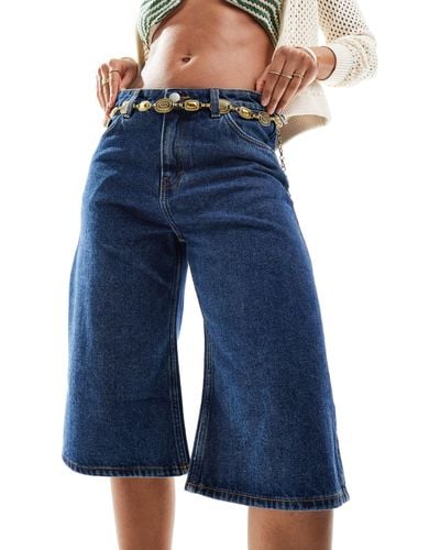 Monki Paige - jupe culotte ample en jean à taille basse - moyen délavé - Bleu