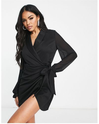 UNIQUE21 Wrap Front Sheer Sleeve Blazer Dress - Black