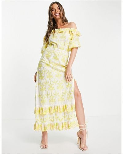 Miss Selfridge Premium Embroidered Bardot Maxi Dress With Frill Detail - White