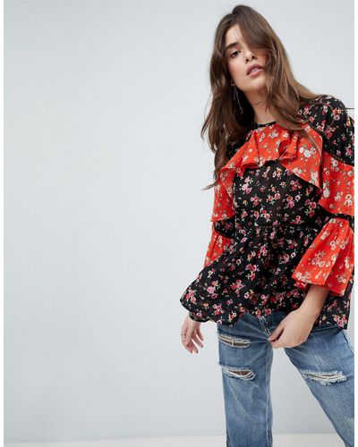 ASOS Asos Mix & Match Floral Print Tiered Ruffle Long Sleeve Blouse - Multicolor