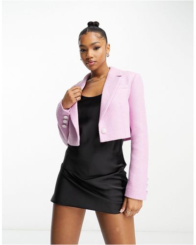 Miss Selfridge Cropped, Boxy Bouclé Blazer Met Knoopjes Van Pareltjes - Paars