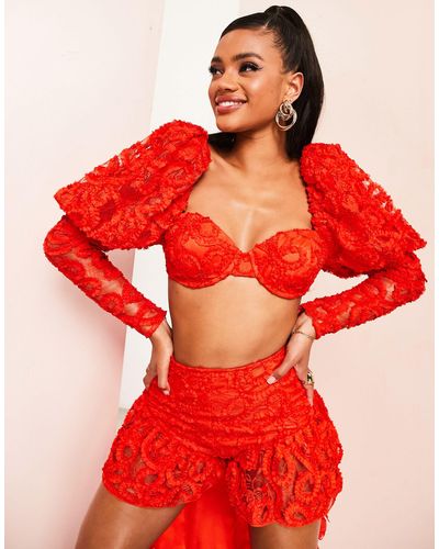 ASOS Co-ord Lace Long Sleeve Crop Top With Puff Sleeves - Red
