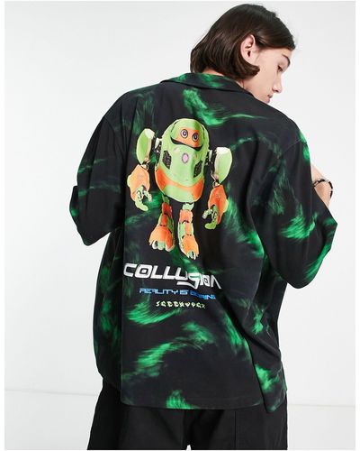 Collusion Pique Shirt With All Over Print - Black