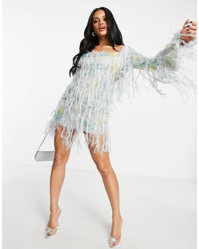 ASOS Long Sleeve All Over Floral Sequin And Fringe Mini Dress - Multicolour