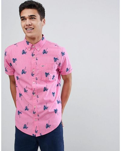 Hollister Short Sleeve Palm Tree Print Shirt Slim Fit In Pink