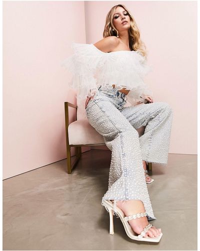 ASOS All Over Pearl Embellished Wide Leg Jeans - Pink