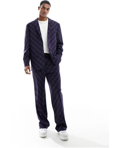 ASOS Wide Leg Bias Cut Check Suit Trouser - Blue