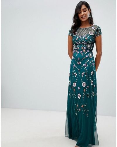 Frock and Frill Floral Embellished Maxi Dress In Emerald Green