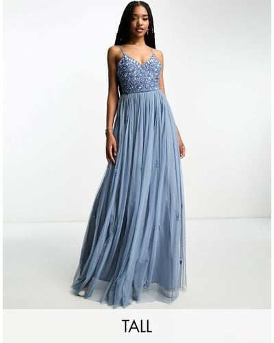 Beauut Tall - l'invitée - robe longue 2 en 1 à fines bretelles avec haut ornementé et jupe en tulle - foncé - Bleu
