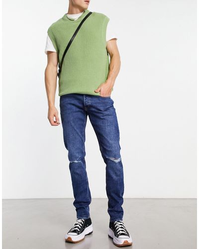 Jack & Jones Intelligence - glenn - jeans slim super elasticizzati lavaggio medio con strappi - Blu
