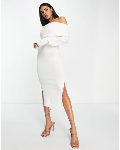 Femme Luxe Bardot Midi Knitted Jumper Dress With Side Splits - White