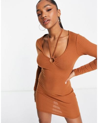 New Look Ribbed Cut Out Detail Mini Dress - Brown