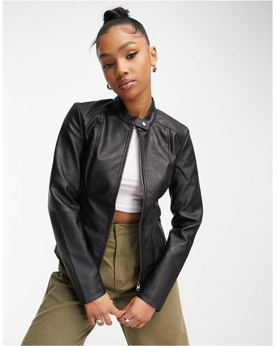 Jdy Collarless Faux Leather Jacket - Black