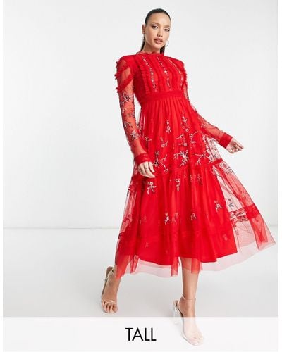 Frock and Frill Embellished Midi Dress - Red