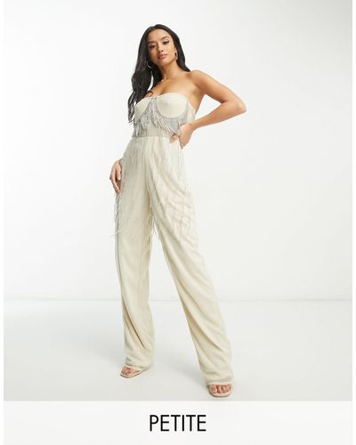 LACE & BEADS Exclusive Dripping Crystal Sheer Jumpsuit - White