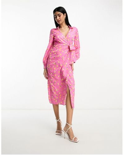 In The Style Wrap Tie Side Midi Shirt Dress - Pink