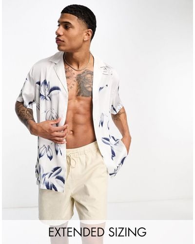 ASOS Relaxed Deep Revere Satin Shirt With Floral Print - White