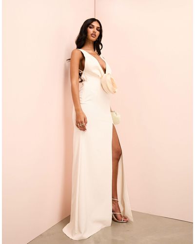 ASOS Plunge Corsage Maxi Dress With Split And Open Back - Natural
