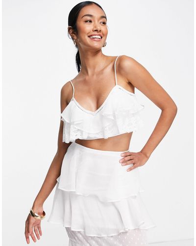 ASOS Soft Ruffle Cami Crop Top With Lace Inserts Co-ord - White