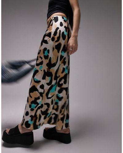TOPSHOP Leopard Print Satin Bias Midi Skirt - Multicolour