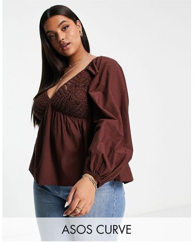 ASOS Curve V Neck Crochet Top With Frill Sleeve And Peplum Hem - Brown