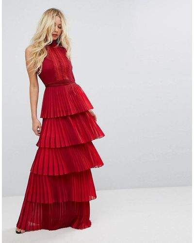 Body Frock Bodyfrock Tiered Pleated Maxi Dress With Lace Bodice And Tie Belt