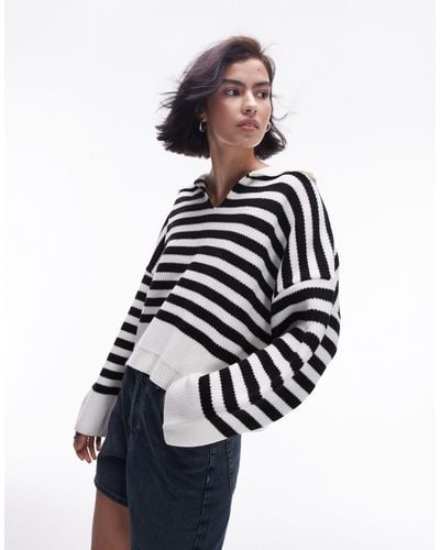 TOPSHOP Knitted Collared Stripe Jumper - White