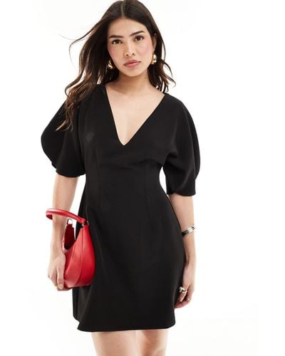 ASOS V Neck Volume Sleeve Mini Dress - Black
