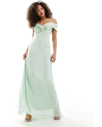 TFNC London Bridesmaids Bardot Fitted Maxi Dress - Green