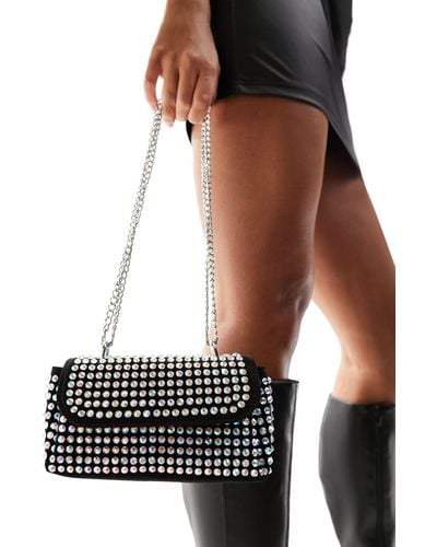 ASOS Large Diamante Stud Flap Crossbody Bag With Chain - White