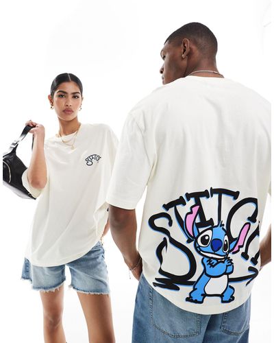 ASOS Disney - t-shirt unisexe oversize avec imprimés stitch - cassé - Blanc