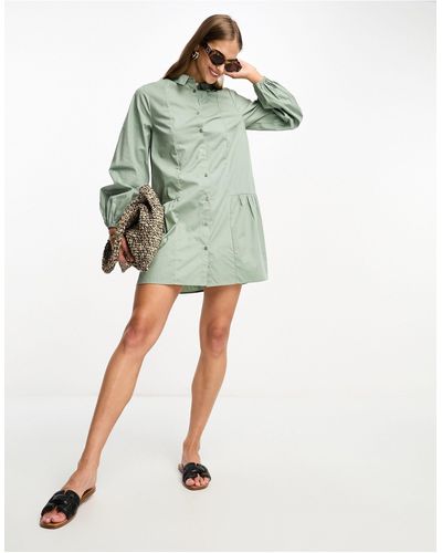 ASOS Smock Button Through Gathered Detail Mini Shirt Dress - Green