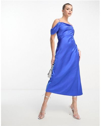 Style Cheat Cold Shoulder Satin Midaxi Dress - Blue