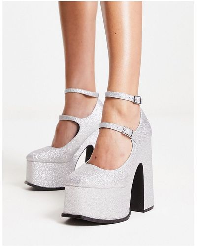 Shellys London Natelle - scarpe con tacco e plateau argentate glitterate - Bianco