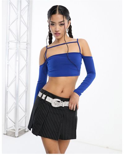 Rebellious Fashion Crop Top With Strap Details - Blue