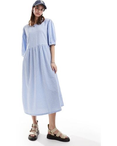 Monki Seersucker Smock Midi Dress - Blue