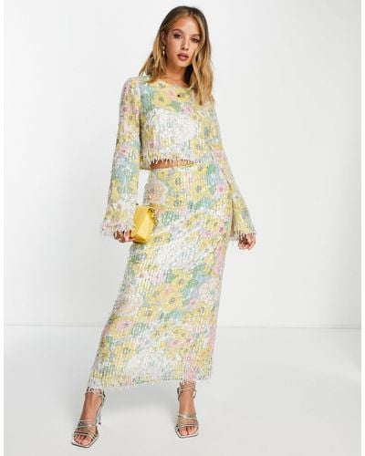 ASOS Pastel Floral Print And Sequin Midi Skirt With Fringe - Multicolor