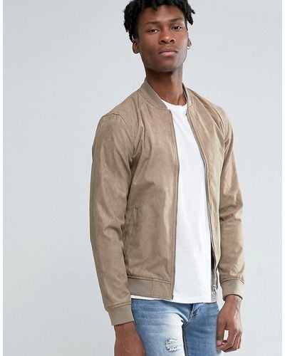 Pull&Bear Faux Suede Bomber Jacket In Beige - Natural