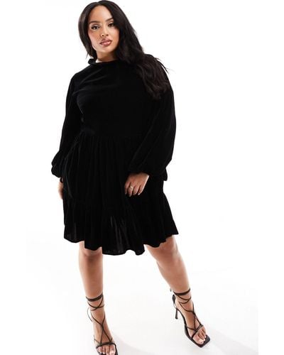 ASOS Asos Design Curve Premium Velvet Mini Smock Dress With Pockets And Pie Crust Neck - Black