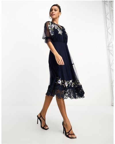 French Connection Embroidered Midi Dress - Blue