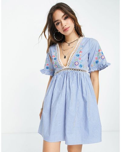 ASOS Cotton Embroidered Sundress - Blue