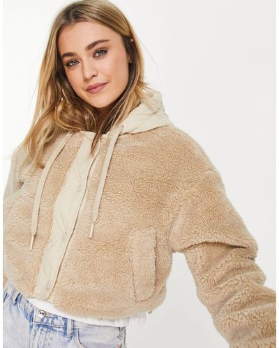 Pull&Bear Teddy Bomber Jacket With Quilted Hood Mix - Natural