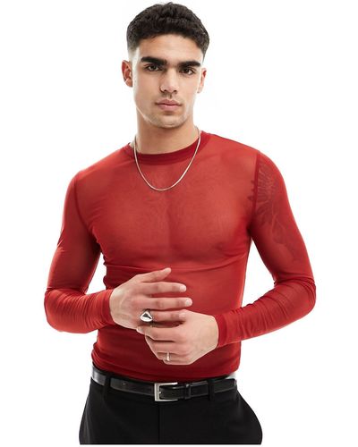 ASOS T-shirt moulant à manches longues en tulle - Rouge