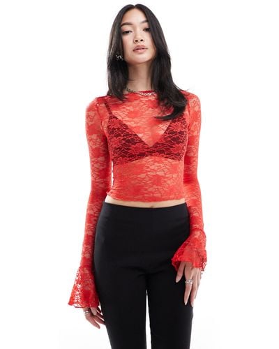Daisy Street Boat Neck Long Sleeve Lace Top With Tie Sleeves - Red