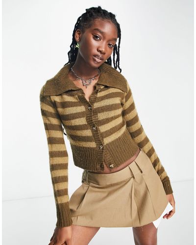 Collusion Knitted Button Down Stripe Cardigan - Brown