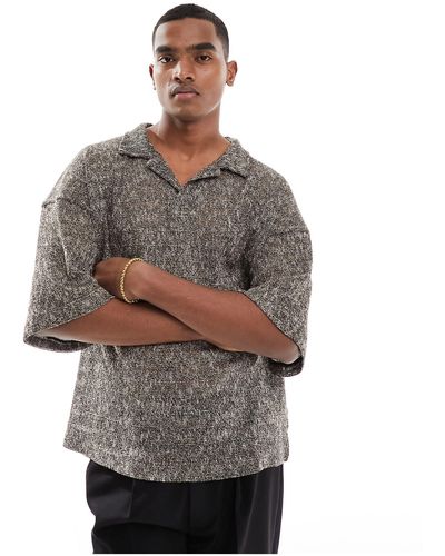 Pull&Bear Shimmer Crochet Polo Shirt - Gray